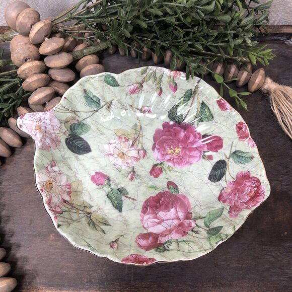 Vintage FLORAL I. Godinger & Co GREEN PINK ROSES W/GOLD TRIM- Candy/Trinket Dish